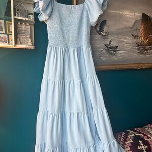 Soft Blue Puff Sleeve Smocked Midi Dress – Baby Shower / Easter Dress (stretchy)